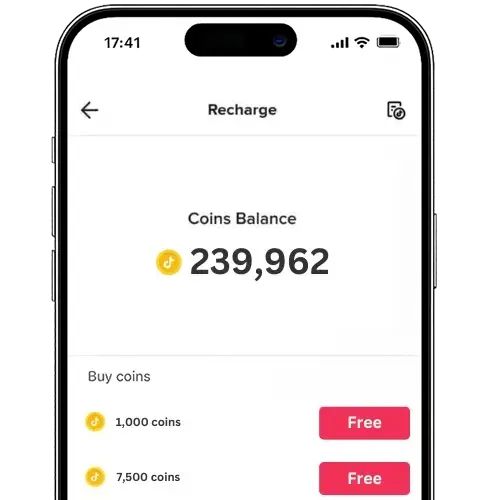 TikTok Coins Balance displaying 239,962 coins with free recharge options for 1,000 and 7,500 coins. Get Free TikTok Coins Quickly in 2026.